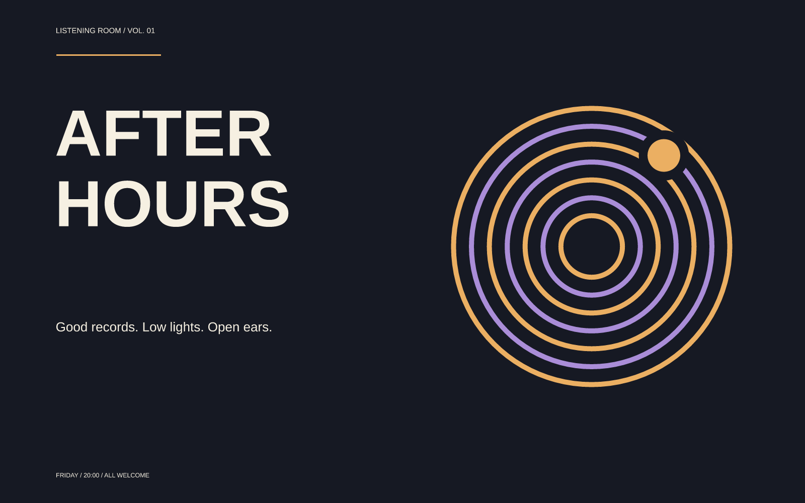 After Hours: cream typography and concentric rings made as editable animated artwork in omadesign.