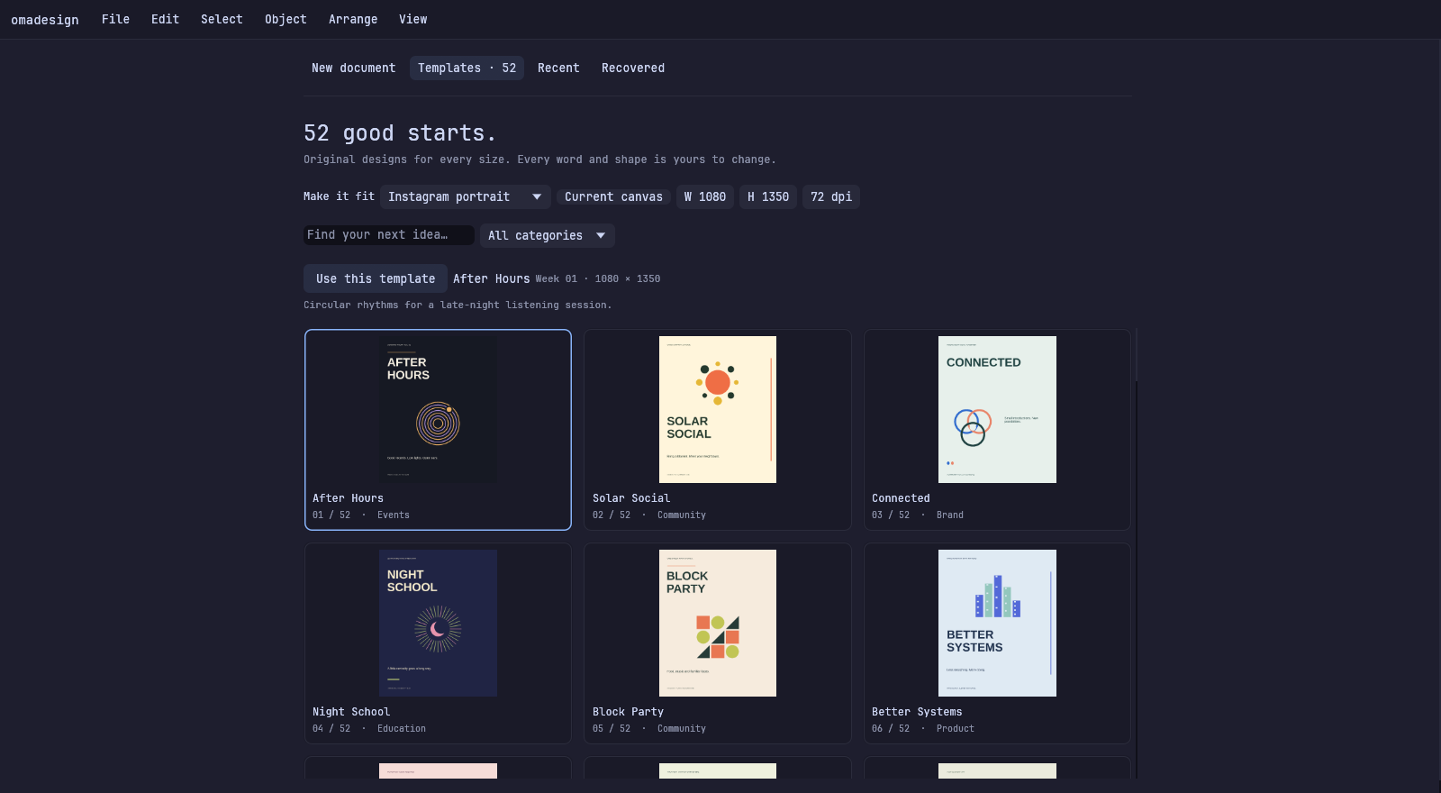 The native template library with editable designs, category filters, and size controls.